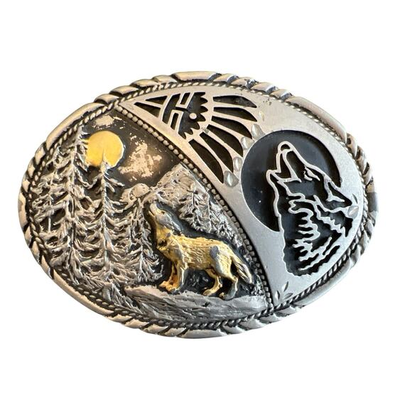 Vtg SSI western Buckle Wolf Howling At Moon Trucker Navajo Handcrafted USA - Picture 1 of 8